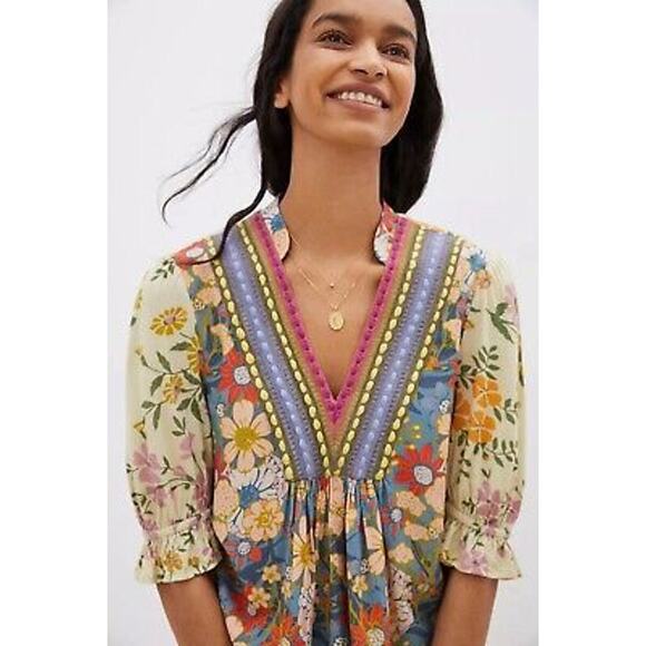 Anthropologie BL-nk London Stephaine Vneck Top Blue Yellow Floral size small - Picture 2 of 6